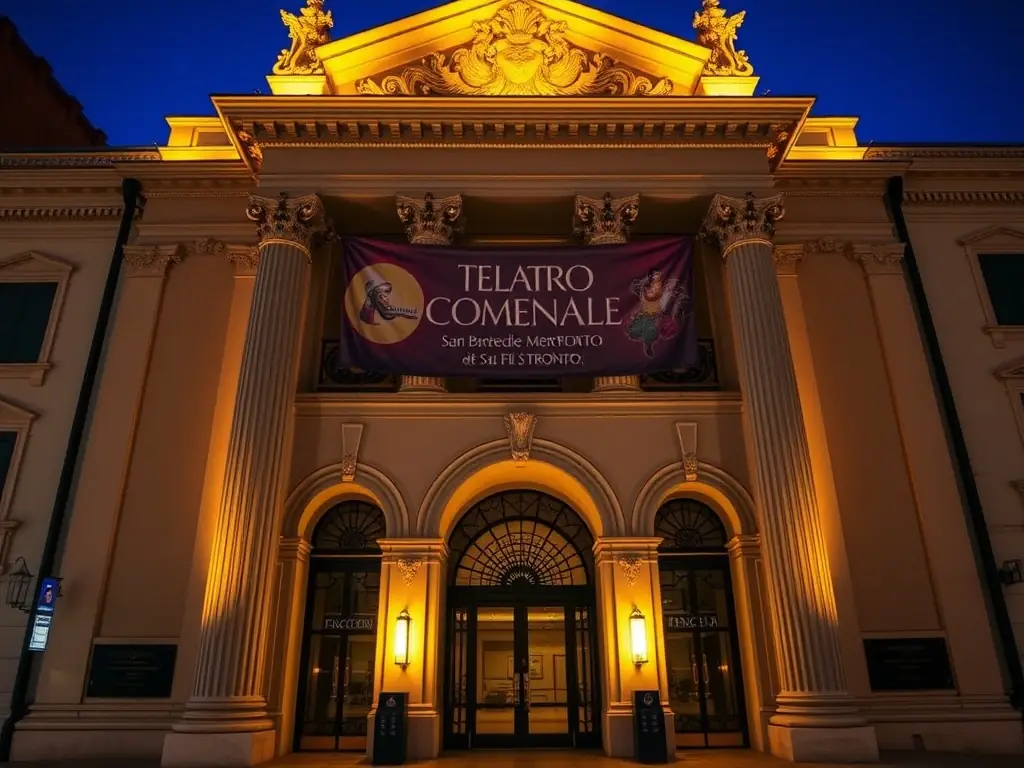 A wide shot of the Teatro Comunale in San Benedetto del Tronto, showcasing its elegant architecture and inviting entrance. The festival banner is displayed prominently.