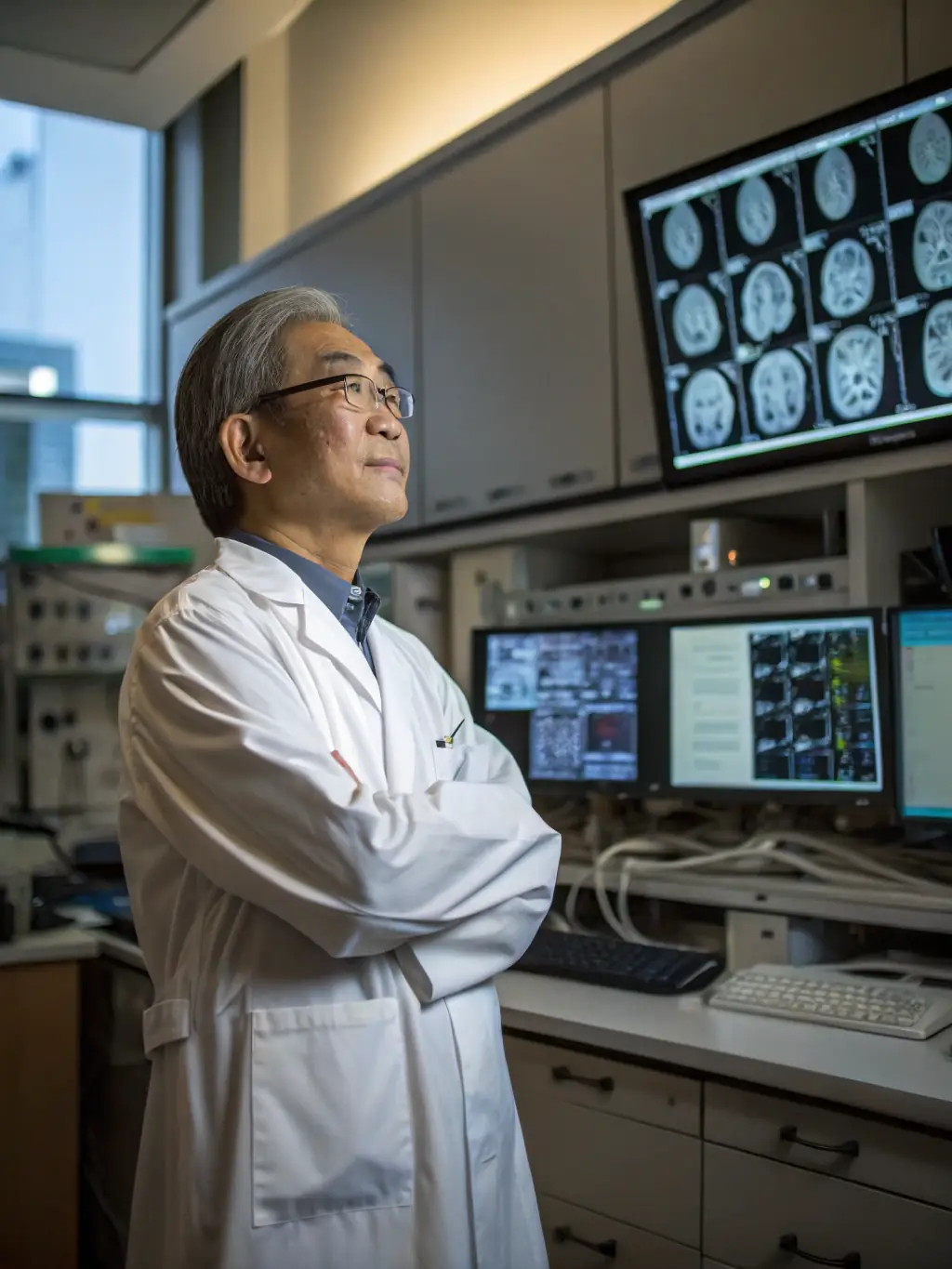 A formal portrait of Dr. Kenji Tanaka, a specialist in food technology, with a background of a modern food processing facility.