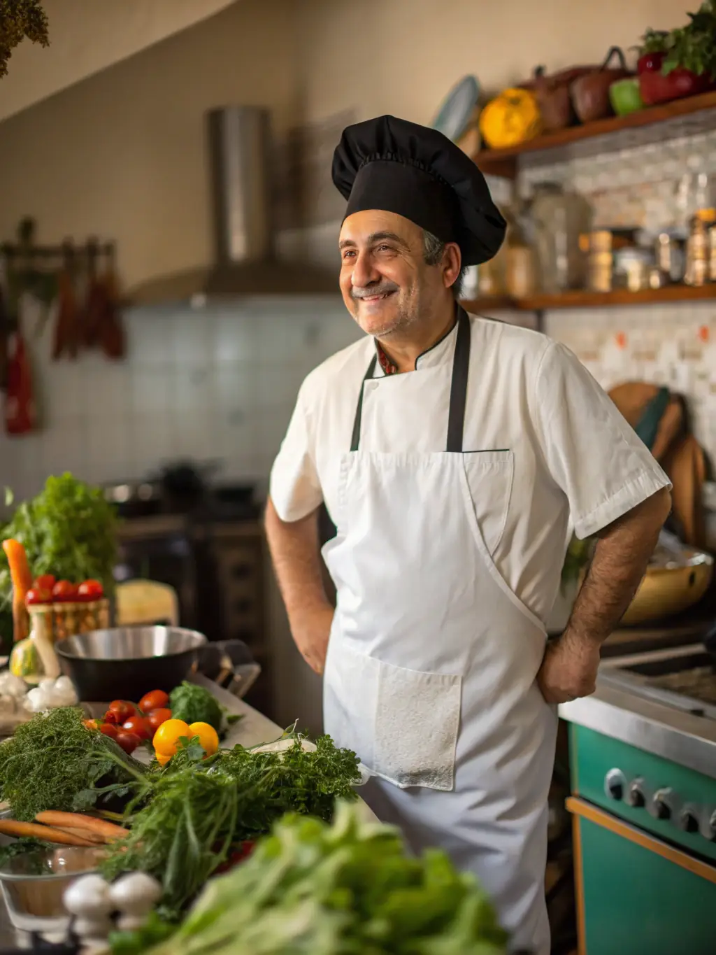 A candid photo of Chef Isabella Moretti, a renowned culinary innovator, during a cooking demonstration. She is passionate about healthy eating.
