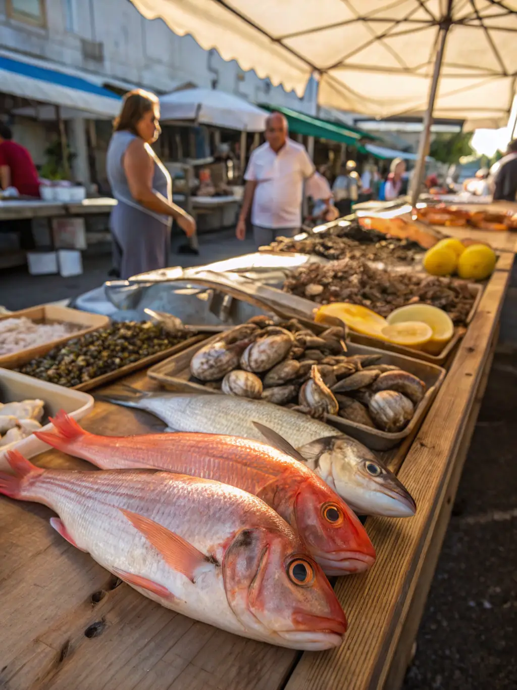 A vibrant photo of the Mercato Ittico in San Benedetto del Tronto, capturing the bustling atmosphere and fresh seafood, for the Nutrimente Festival website.