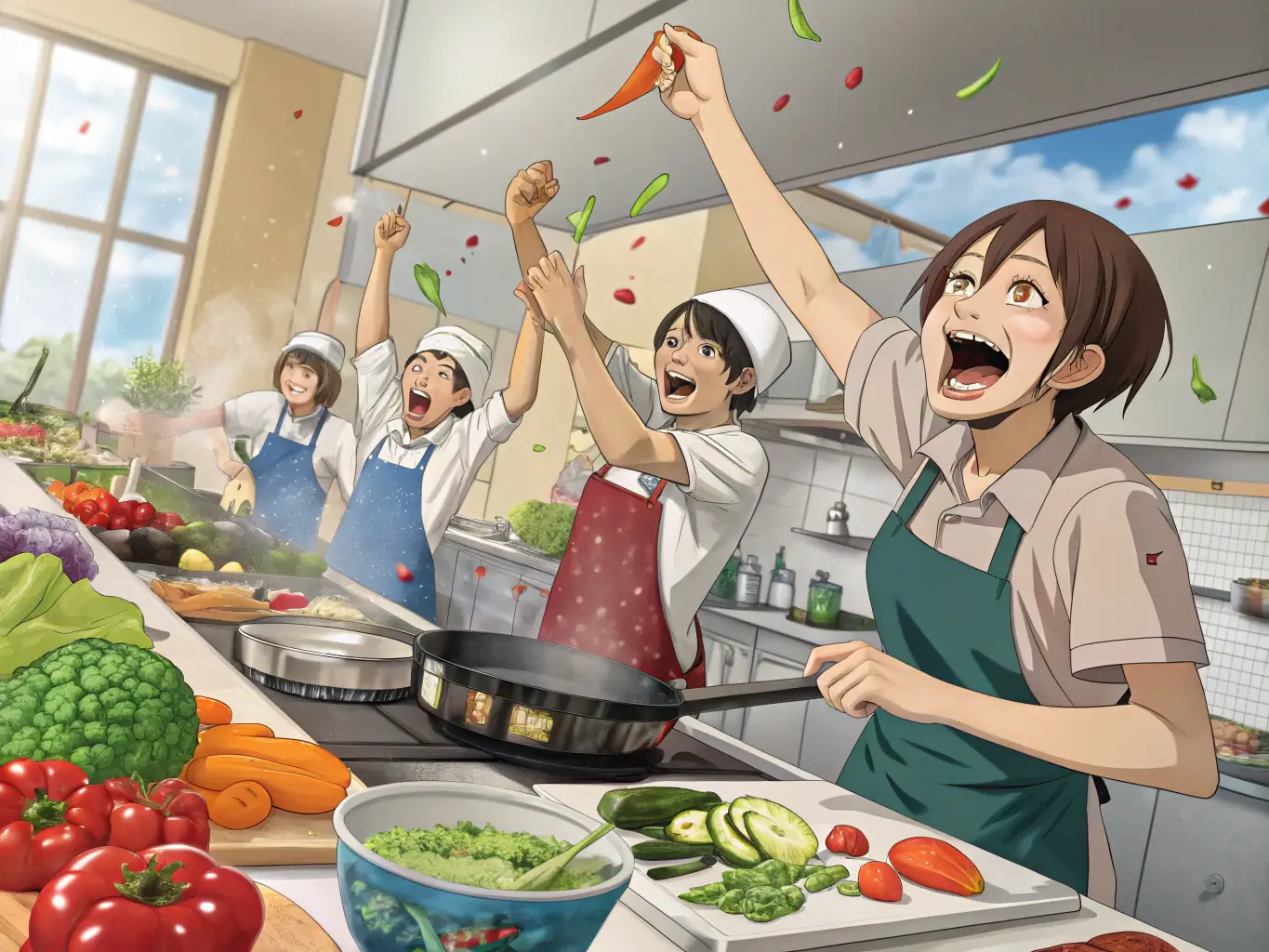 A vibrant image of a cooking workshop in progress at the local culinary school, featuring participants actively engaged in preparing a dish under the guidance of a chef.